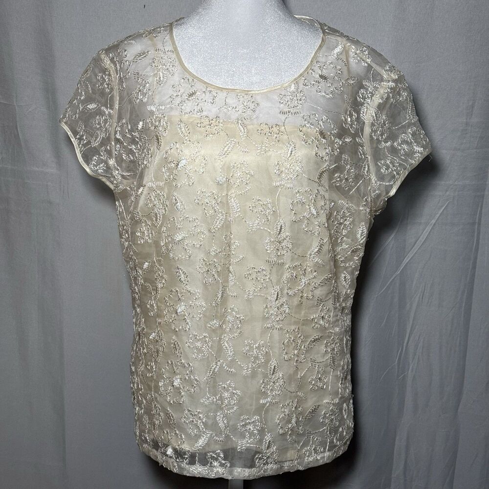 Talbots 100% Silk Ivory Embroidered Sheer Floral Blouse Est Large Lace Elegant